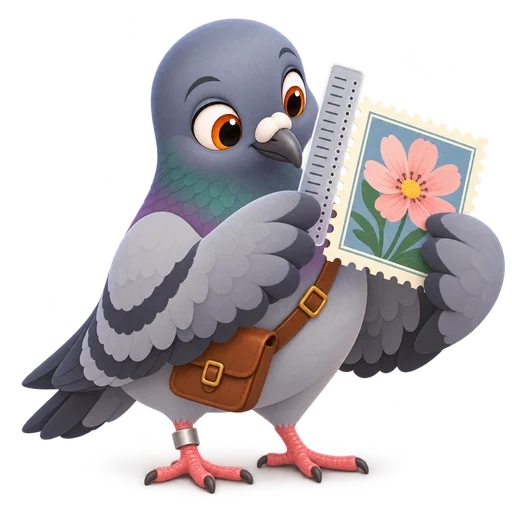 Pigeon holding a perforation gauge next to a stamp