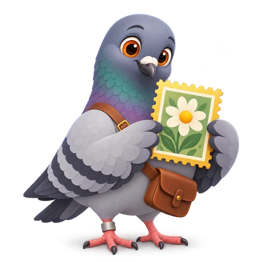 Pigeon holding up a stamp with a daisy