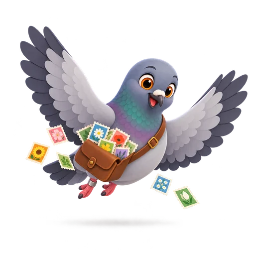 Pigeon flying with stamps falling from its satchel