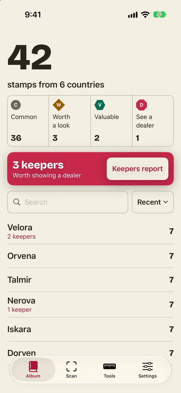 Twopenny album screen with 42 stamps from 6 countries and tier counts