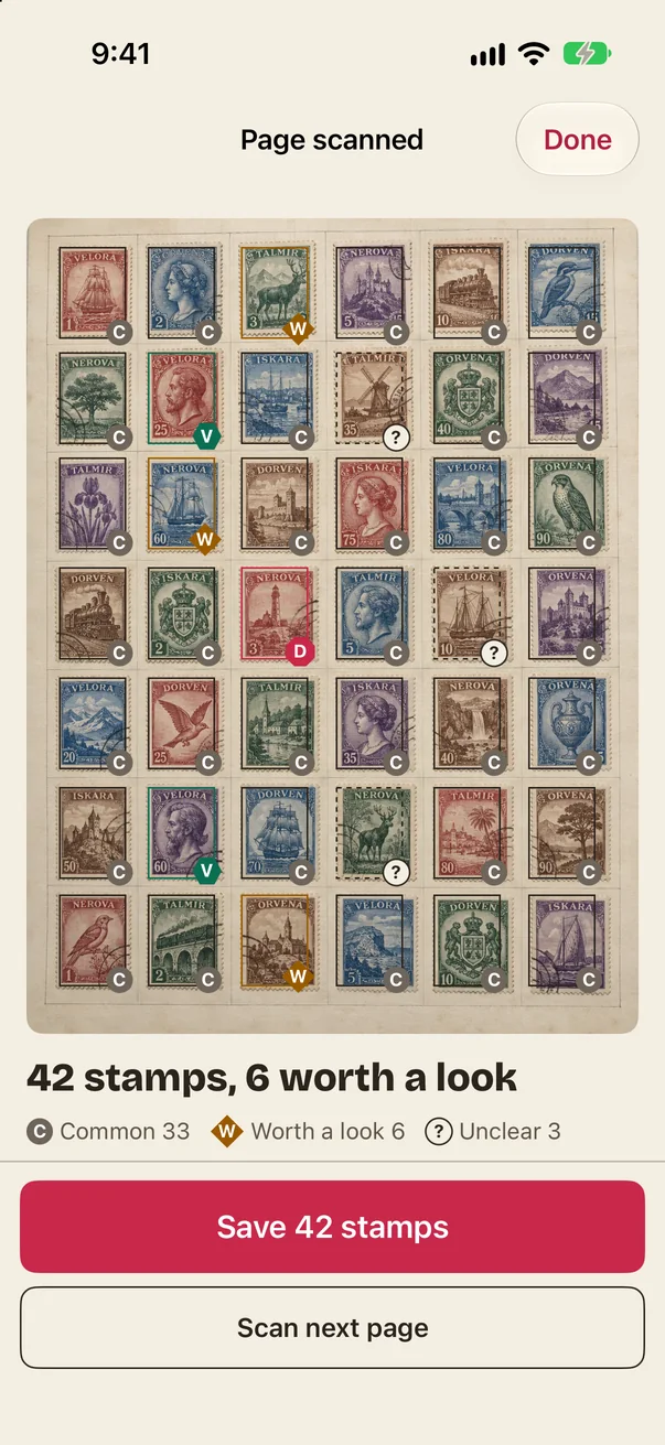 Twopenny showing a scanned album page with every stamp marked with a tier